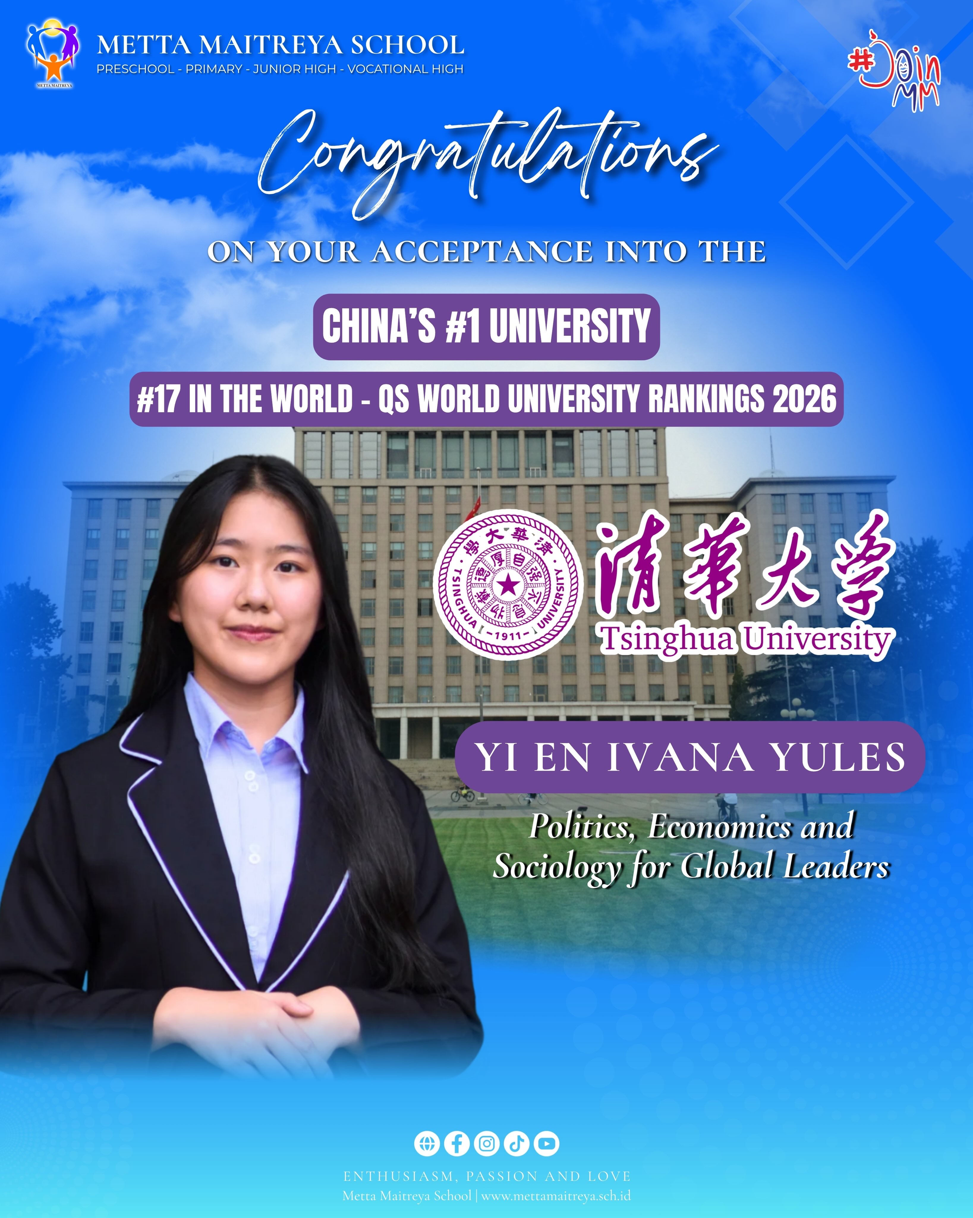 Congratulations to Yi En Ivana Yules on her remarkable acceptance to Tsinghua University